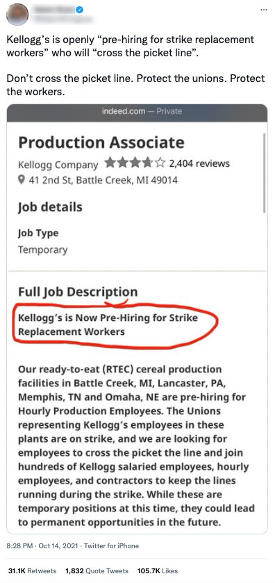 Kellogg's reputation crisis replace striking workers