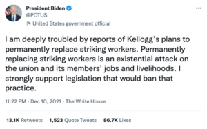 Joe Biden @POTUS Kellogg's crise reputation. Comment cette grève de Kellogg's impacte leur réputation. 