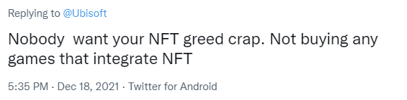 Tweet négatif en réaction à l'annonce Quartz NFT d'Ubisoft