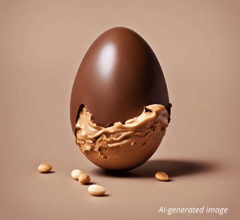 Image d'un oeuf au chocolat avec du beurre de cacahuète et des noix, générée artificiellement